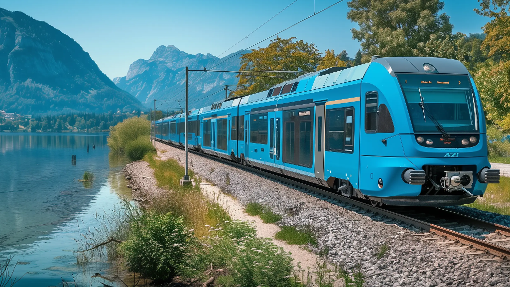 Blauer Zug vor dem Attersee